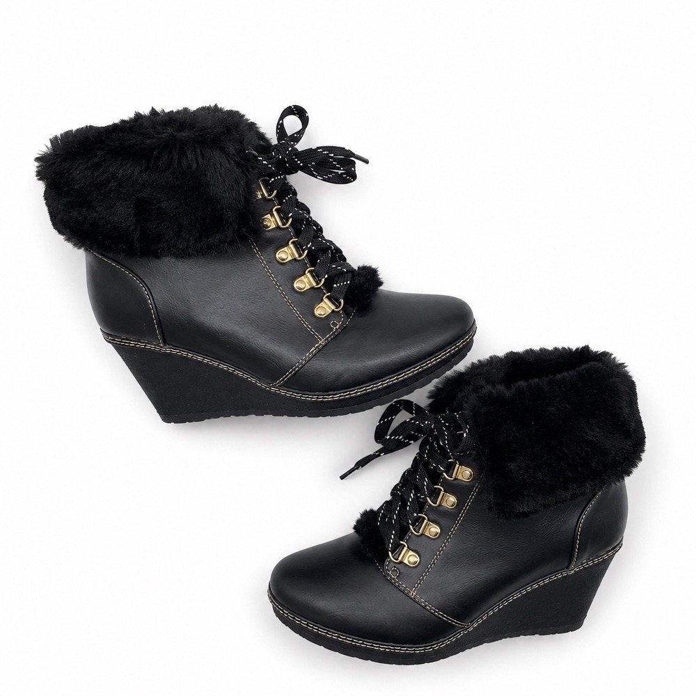 Nanette Lepore Malee Black Faux Fur Wedge Ankle Boots Lace Up Womens 8M NATJUN